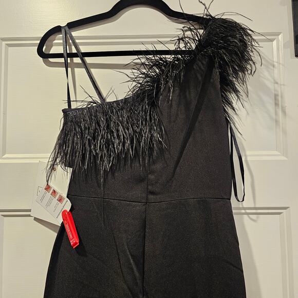 Mac Duggal 68147 Black Feather Trim One Shoulder Sleeveless Midi Dress Size 4 - Picture 6 of 10